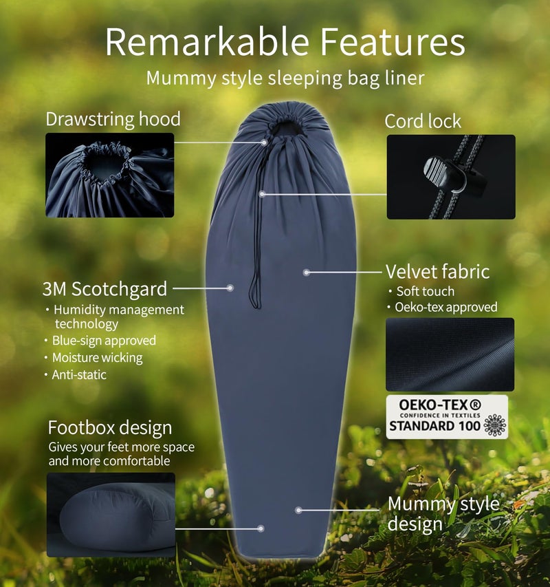 Litume Velvet Sleeping Bag Liner Add Up to 14Â°F Mummy Sleep Sack Backpacking, Camping, Traveling, Hotel, Hostal, Lightweight Compact Drawstring Hood E625 - Image 3